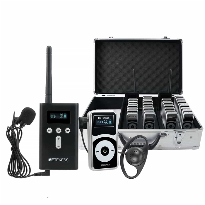 AudioPlus tourguide-system med sender, modtagere og knaphulsmikrofon